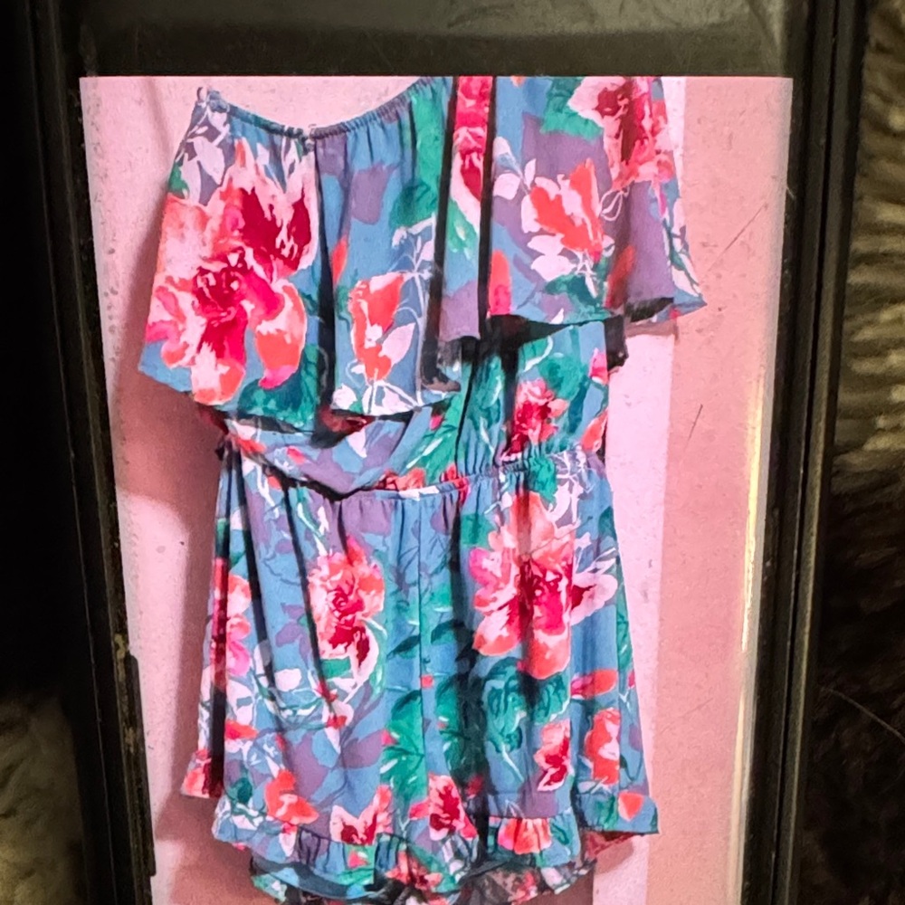 Peach Love California Blue and Pink Floral boutique Romper size small